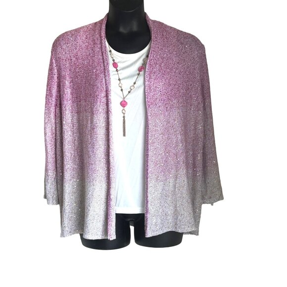 Elegant Pink Gradient Sparkle Knit Cardigan & White Top With Necklace - Picture 1 of 10